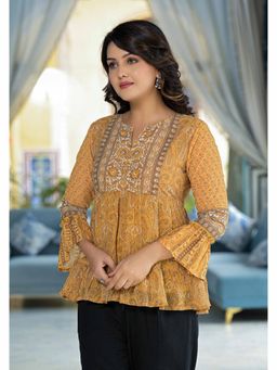 Juniper - Mustard Ethnic Motif Printed Georgette Tunic with Sequins Detail