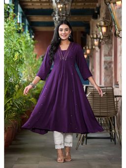 Juniper - Navy Blue Solid Liva Rayon Kurta with Mirror Work