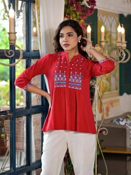 Juniper - Red Thread Embroidered Cotton Tunic with Mirror Work and Buttons