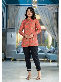 Juniper - Orange Ethnic Motif Printed Viscose Tunic with Buttons Detailing