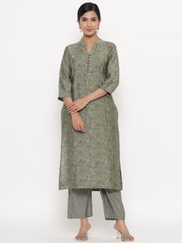 Do Dhaage - Floral Printed Muslin Grey Kurta (Set of 2)