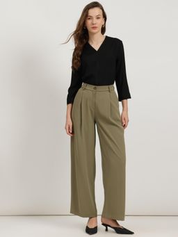 FableStreet - Olive Single Pleat Wide Leg Pant