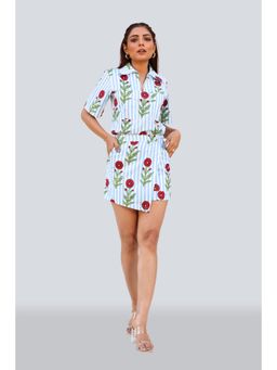 Twenty Dresses by Nykaa Fashion - Red Flower Blue Stripes Divider Skirt with Half Sleeve Shirt