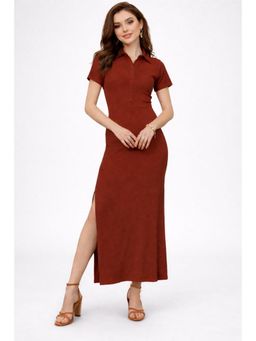 Twenty Dresses by Nykaa Fashion - Brown Solid Collar Neck Short Sleeve Maxi Dress
