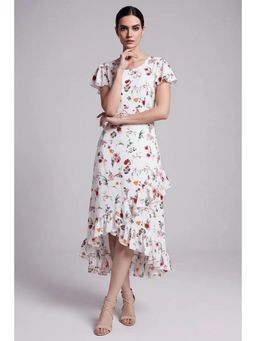 Twenty Dresses by Nykaa Fashion - Ivory Floral Print Asymmetrical Ruffle Midi Dress
