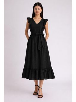 Twenty Dresses by Nykaa Fashion - Black Self Design Flutter Sleeve Tie-Up Waist Midi Dress