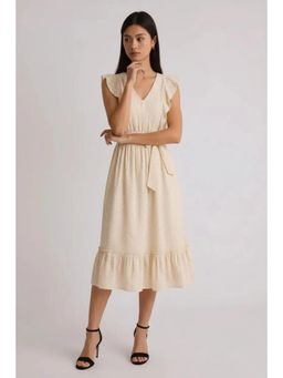 Twenty Dresses by Nykaa Fashion - Cream Self Design Flutter Sleeve Tie-Up Waist Midi Dress