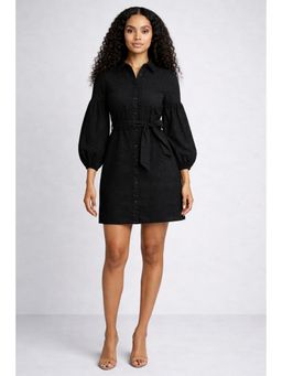 Twenty Dresses by Nykaa Fashion - Waist Tie-Up Black Self Design Belted Shirt Dress