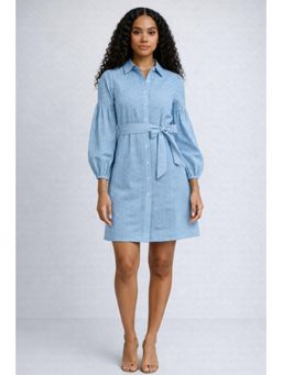 Twenty Dresses by Nykaa Fashion - Waist Tie-Up Light Blue Self Design Belted Shirt Dress