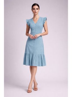 Twenty Dresses by Nykaa Fashion - Blue Self Design Fit & Flare Flutter Sleeve Midi Dress