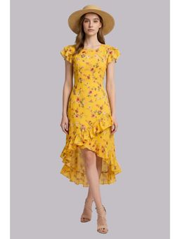 Twenty Dresses by Nykaa Fashion - Yellow Floral Print Asymmetrical Ruffle Midi Dress