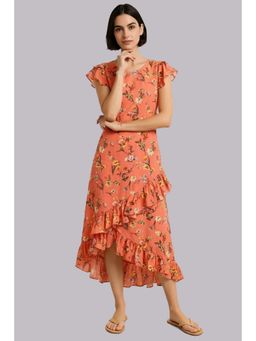 Twenty Dresses by Nykaa Fashion - Peach Floral Print Asymmetrical Ruffle Midi Dress
