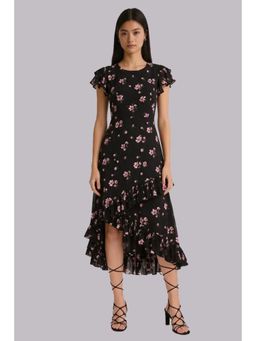 Twenty Dresses by Nykaa Fashion - Black Floral Print Asymmetrical Ruffle Midi Dress