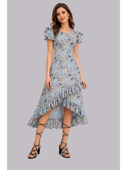 Twenty Dresses by Nykaa Fashion - Blue Floral Print Asymmetrical Ruffle Midi Dress