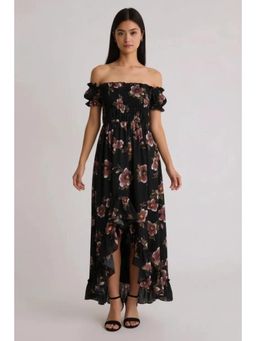 Twenty Dresses by Nykaa Fashion - Black Floral Off-Shoulder Flared Midi Dress