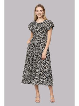 Twenty Dresses by Nykaa Fashion - Black Floral Print Flutter Sleeve Midi Dress