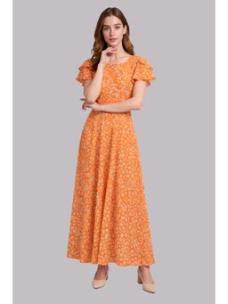 Twenty Dresses by Nykaa Fashion - Orange Floral Print Flutter Sleeve Maxi Dress
