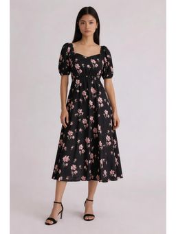 Twenty Dresses by Nykaa Fashion - Black Floral Print Puff Sleeve Midi Dress