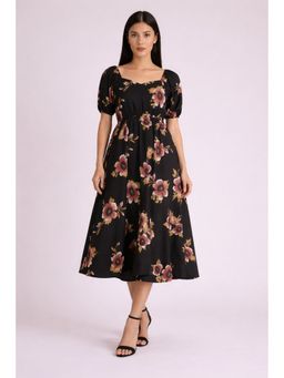 Twenty Dresses by Nykaa Fashion - Black Floral Print Puff Sleeve Midi Dress