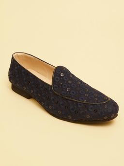 Manyavar - Navy Blue Floral Patterned Sequined Mens Ethnic Loafers