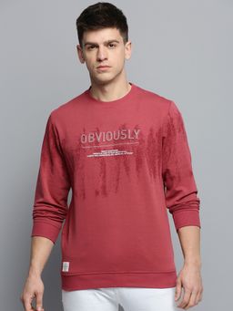 SHOWOFFFF - Mens Round Neck Printed Red Pullover Sweatshirt