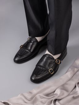 La Botte - Men Black Woven Design Monk Straps