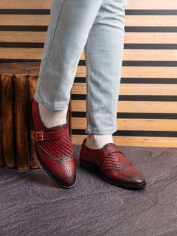 La Botte - Men Maroon Woven Design Monk Straps