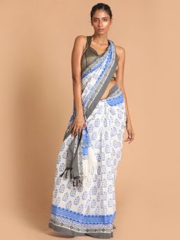 Indethnic - White Floral Pure Cotton Saree with Unstitched Blouse