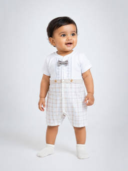 Little Surprise Box - Beige Checkered Bow Tie Romper