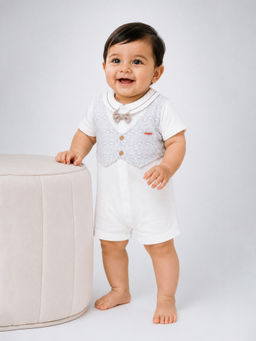 Little Surprise Box - Cream and Grey Bow Waistcoat Romper