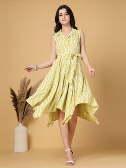 Gipsy - Lime Green Chevron Cotton Belted Dress