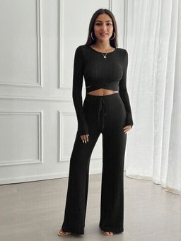 Outzidr - Black Twist Detail Street Style Top And Trouser Co Ord Set