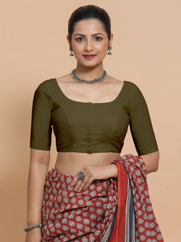 Binks - Mithali X Rozaana Elbow Sleeves Saree Stitched Blouse In Deep Olive Green Linen