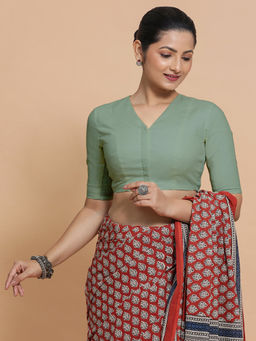 Binks - Nalani X Rozaana Elbow Sleeves Saree Stitched Blouse In Peppermint Green Linen