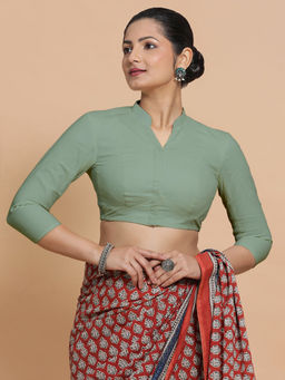 Binks - Tripti X Rozaana Jewel Neck Saree Stitched Blouse In Peppermint Green Linen
