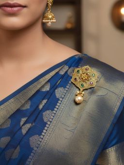 Accessher - Gold-Plated Hexagon Stone Pearl Drop Saree Brooch Pin
