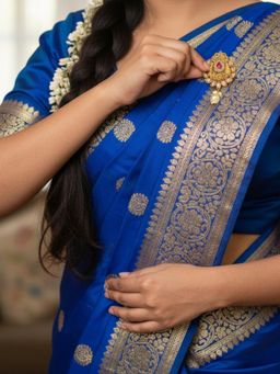 Accessher - Gold-Tone Floral Pearl Drop Saree Brooch Pin