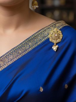 Accessher - Gold-Tone White Stone Pearl Drop Saree Brooch Pin