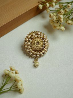Accessher - Hijab & Dupatta Gold Tone Round Pearl Saree Brooch Pin