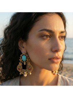 MAASHA - Antique Turquoise Statement Vintage Carved Drop with Red Stone Earrings