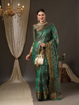 Akhilam - Womens Silk Blend Teal Green Woven Design Designer Saree with Unstitched Blouse