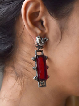 Teejh - Samaira Silver Oxidized Red Stone Earrings