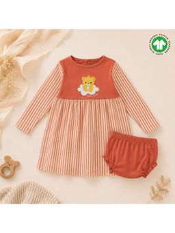 Bontots - Organic Cotton Happy Camper Soft & Cozy Rust/Stripe Baby Dress with Panty