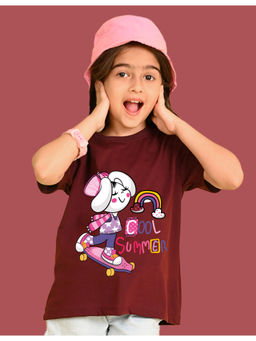 Nusyl - Girls Maroon Cool Summer Graphic Oversized T-Shirt