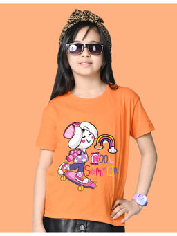 Nusyl - Girls Orange Cool Summer Graphic Oversized T-Shirt