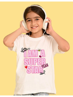 Nusyl - Girls White I Am A Super Star Text Printed Oversized T-shirt