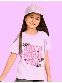 Nusyl - Girls Lavender I Am A Super Star Text Printed Oversized T-shirt