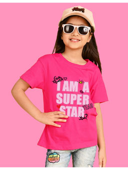 Nusyl - Girls Hot Pink I Am A Super Star Text Printed Oversized T-shirt