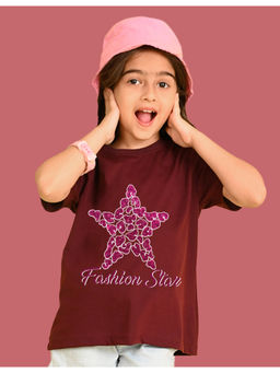 Nusyl - Girls Maroon Star and Graphic Oversized T-shirt