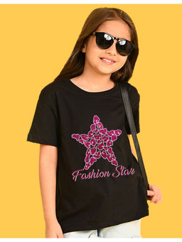 Nusyl - Girls Black Star and Graphic Oversized T-shirt